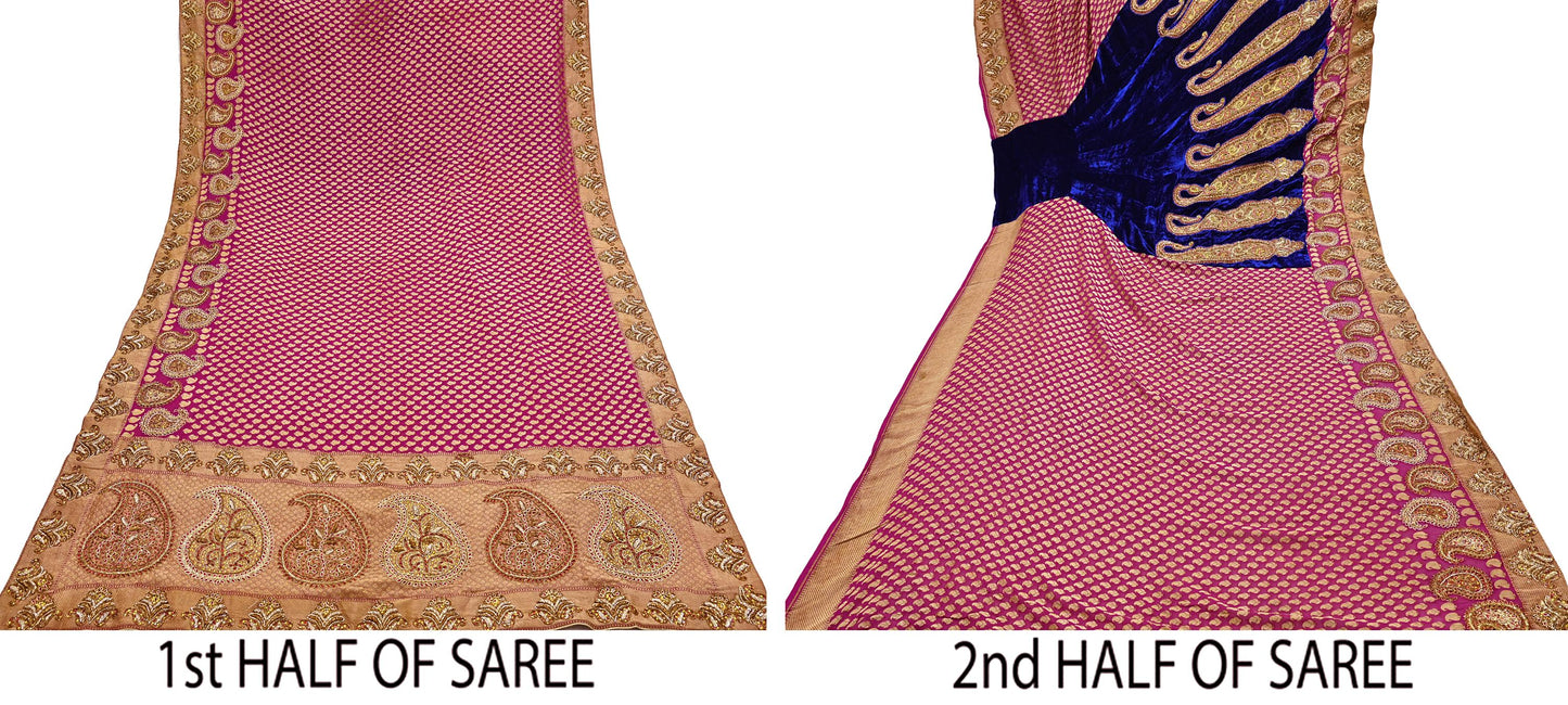 Pink Blue Pure Georgette Silk & Velvet Lehenga Saree Manish Malhotra Designer Zardozi Dabka Embroidered Sari Indian Wedding Wear