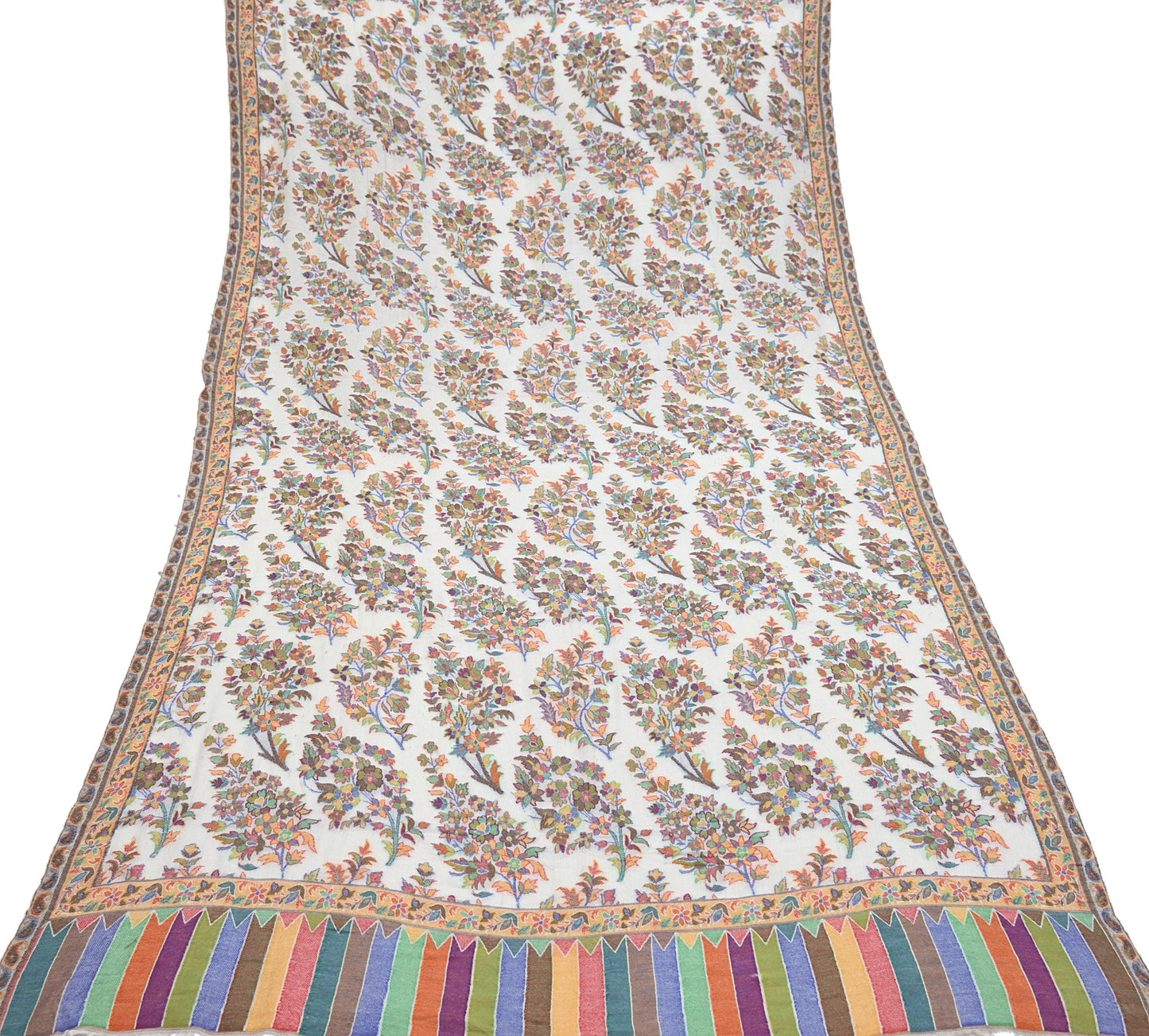 Indian Vintage Ivory Pure Woolen Shawl Handmade Woven Jamawar Work Long Throw Stole Warm Paisley Design Soft