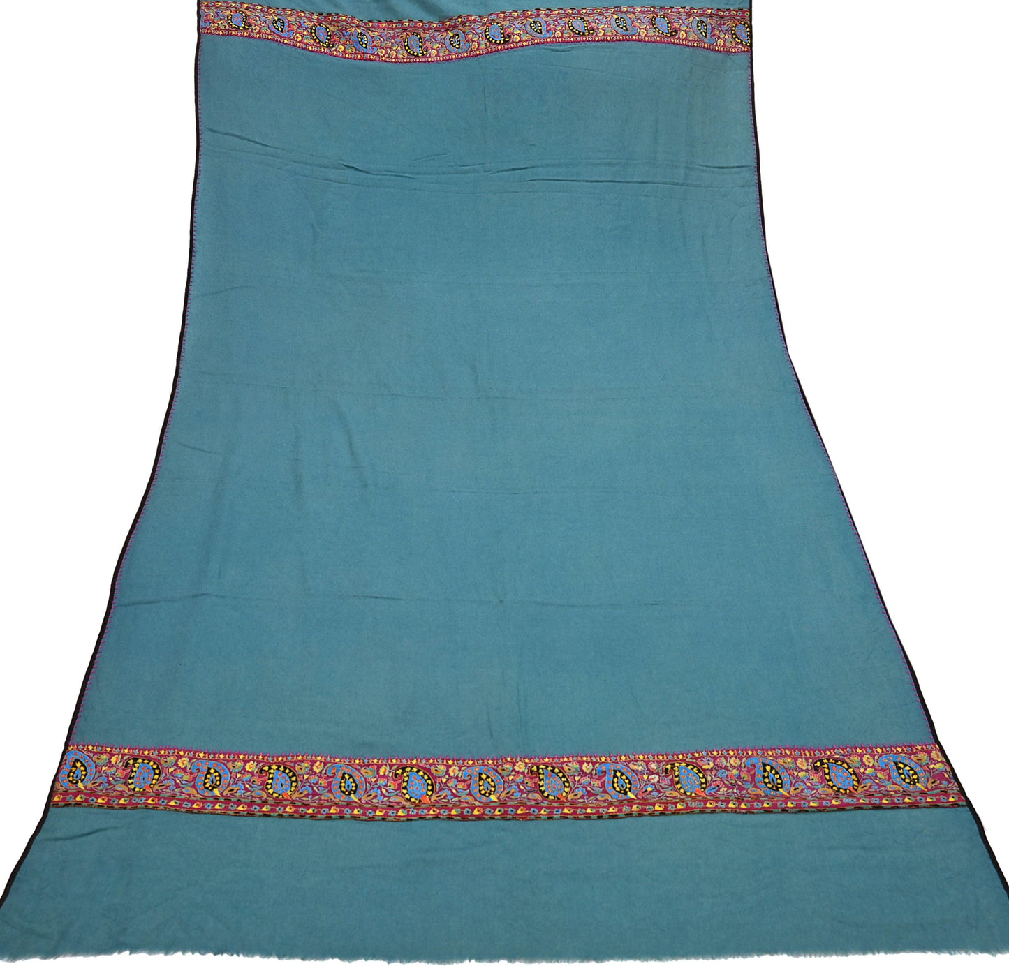 Indian Vintage teal Blue Shawl Pure Woolen Handmade Suzani Long Throw Stole Warm Floral Design Soft Cozy