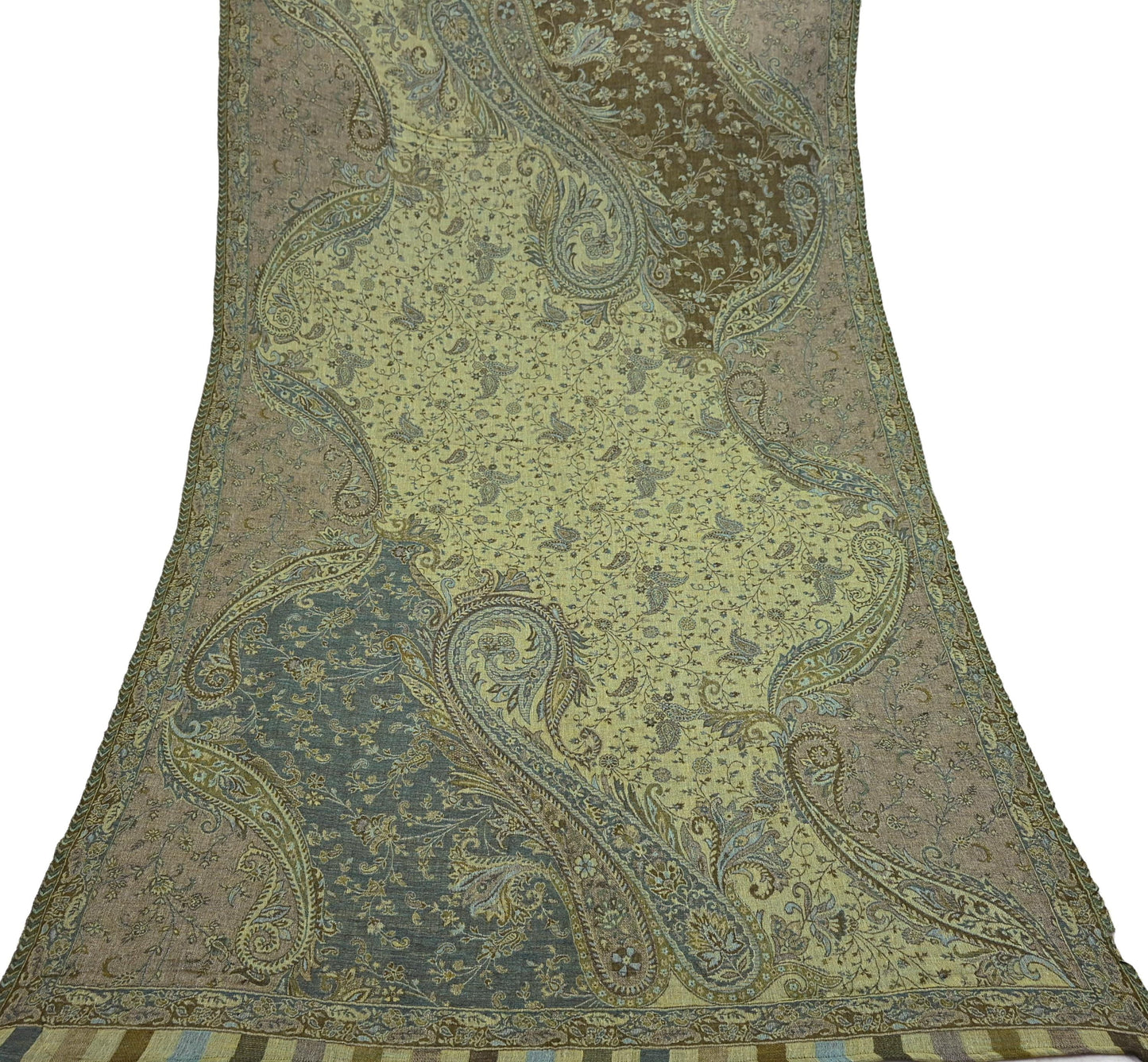 Indian Vintage Green Pure Woolen Shawl Handmade Woven Work Long Throw Stole Warm Paisley Design Soft