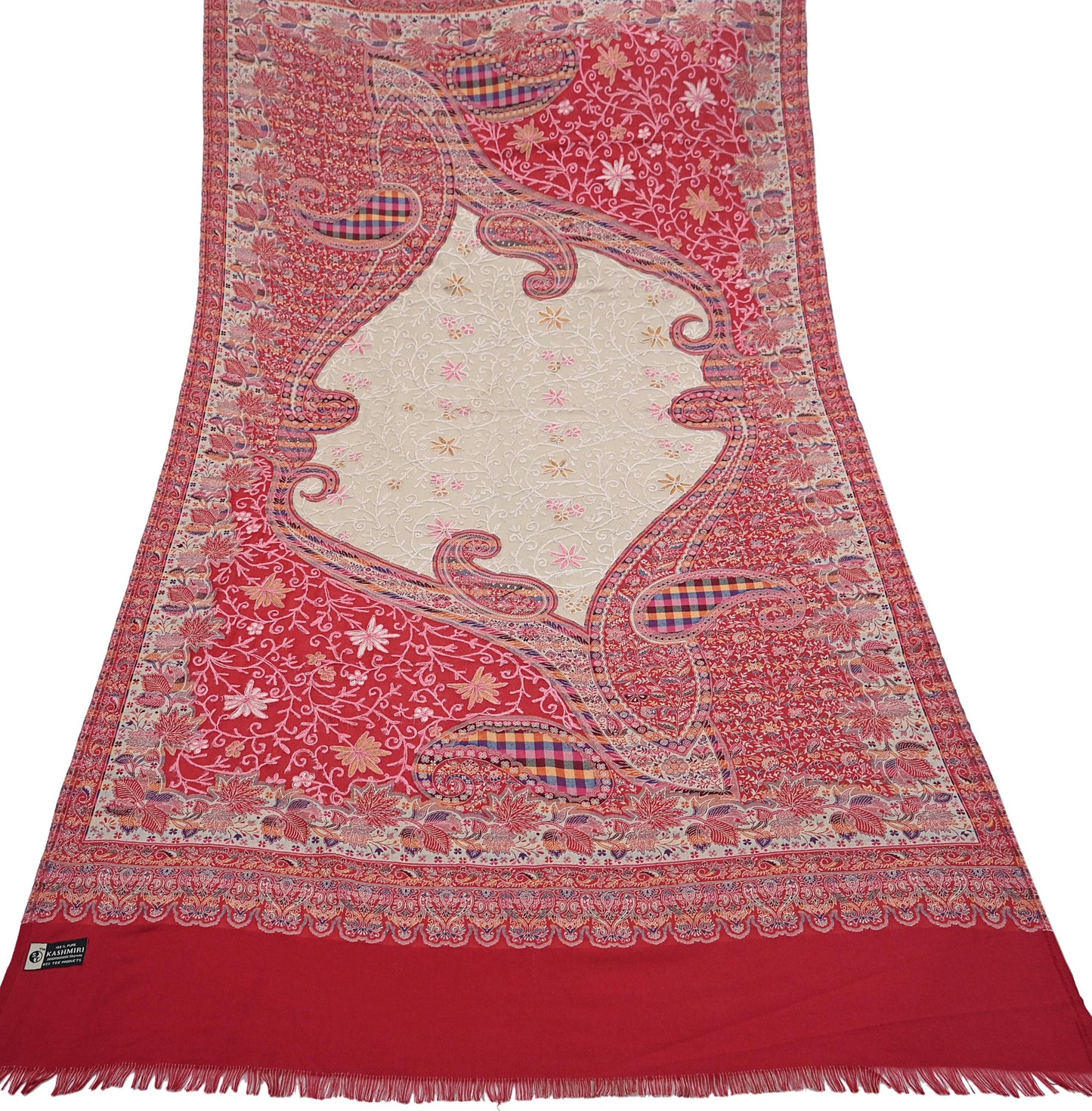 Vintage Red woolen Shawl Handmade Woven Long Throw Stole Warm Stole Paisley Floral Design Fringes
