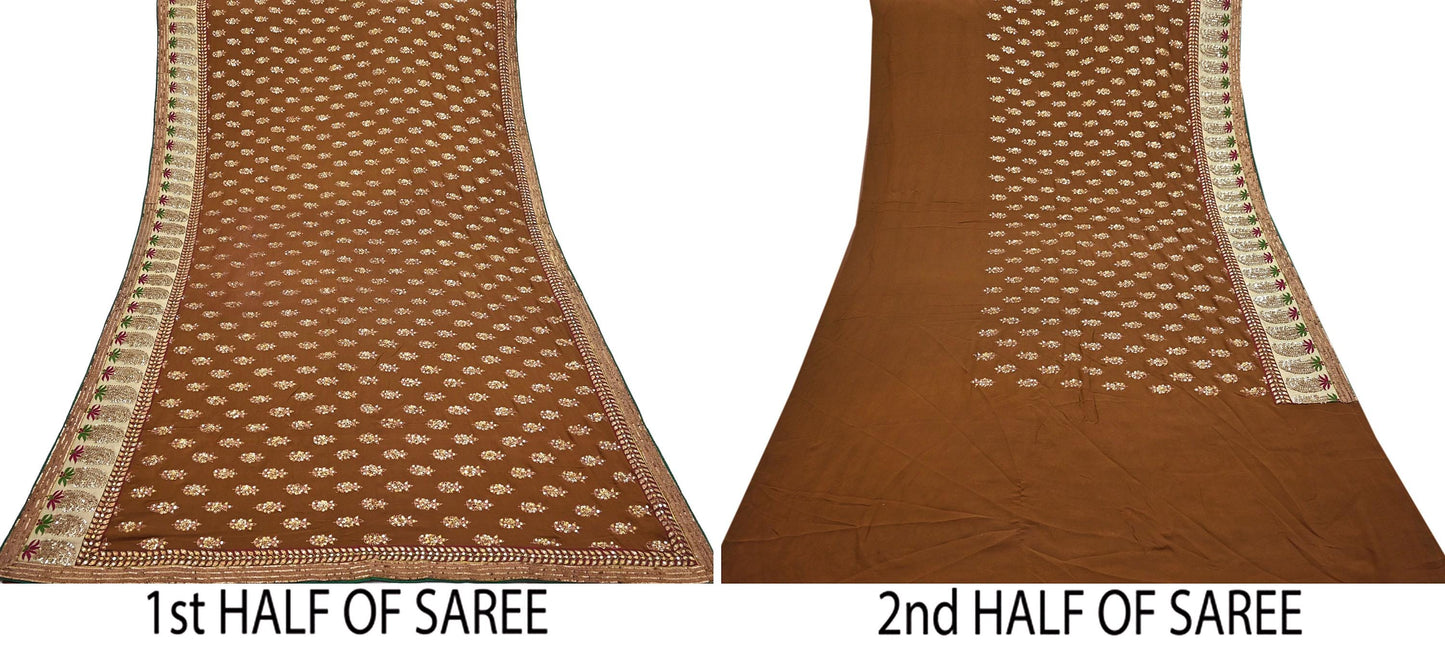 Indian Heavy Sari Brown Pure Georgette Silk Hand Embroidered Sarees Designer Sabyasachi 6Yd Sewing Ethnic Bollywood party wear saree