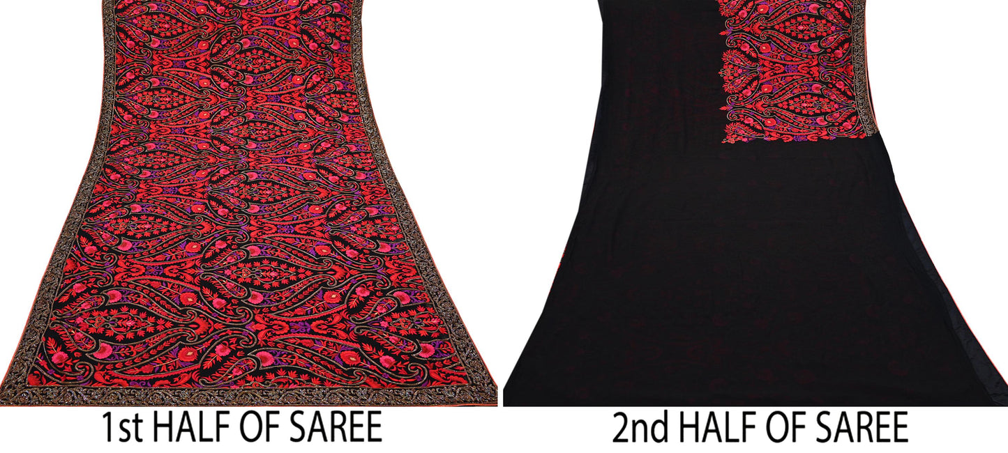 Indian Pre-owned Heavy Sari Black Pure Georgette Silk Hand Embroidered Sarees Designer Abu Jani 6Yd Sewing Ethnic Bollywood Designer Sarees