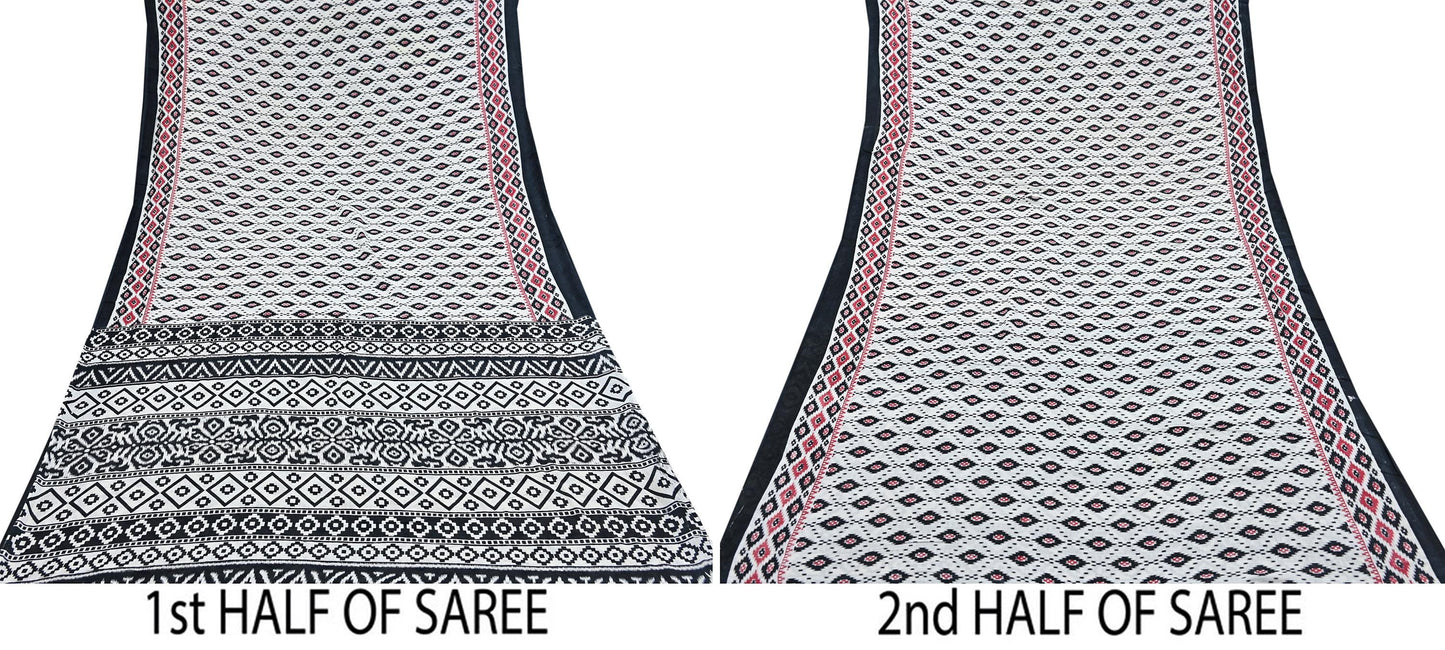 Indian Vintage White & Black Printed Pure Cotton Saree | 5 Yards | Soft Fabric for Sewing, Crafting, Quilting, Upcycling, Dressmaking, Boho