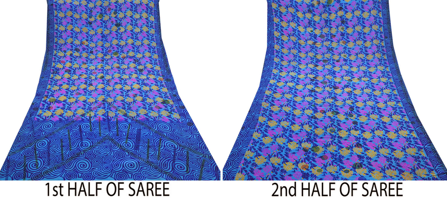 Indian Vintage blue Pure Crepe Silk Saree Floral Print 5 Yards Soft Sewing Fabric for Dressmaking, Quilting, Crafting Upcycling
