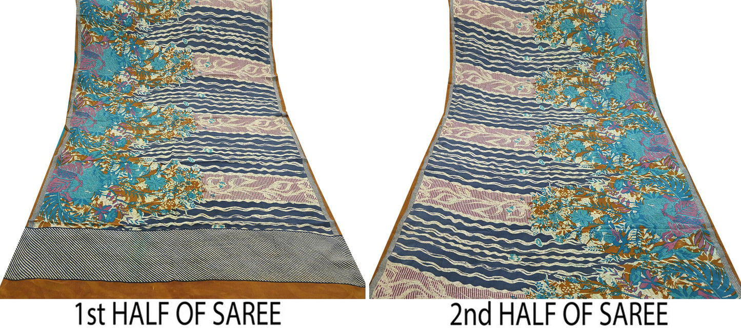 Indian Vintage Sari Ivory & Gray Pure Crepe Silk Printed Saree 5yard Sewing Quilting Floral Soft Craft Fabric Wrap