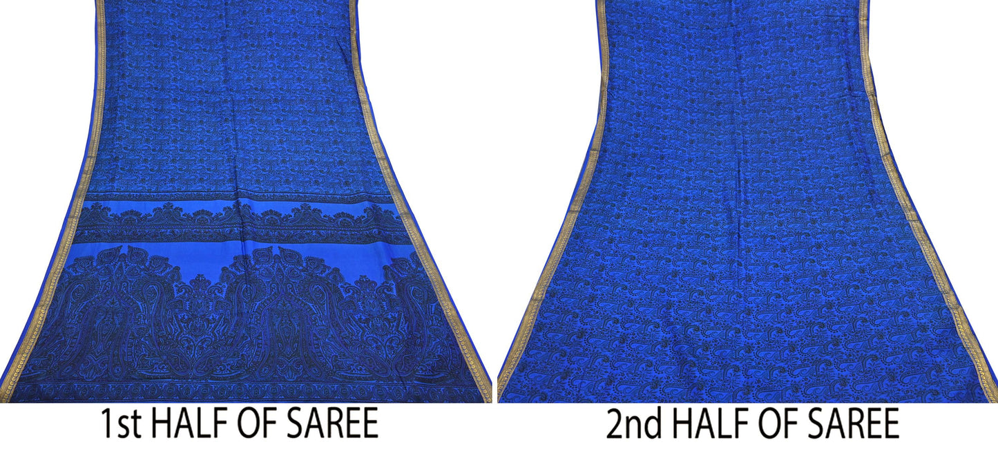 Vintage Blue Pure Silk Saree Indian Printed Silk Fabric 5 Yards Boho Craft Material for Sewing, Quilting, Dressmaking, Upcycling