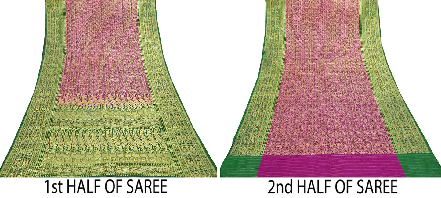 Vintage Banarasi Silk Saree Rani Pink Green Heavy Satin Silk Brocade Fabric Golden Zari Bridal Wedding Crafting 5 Yard