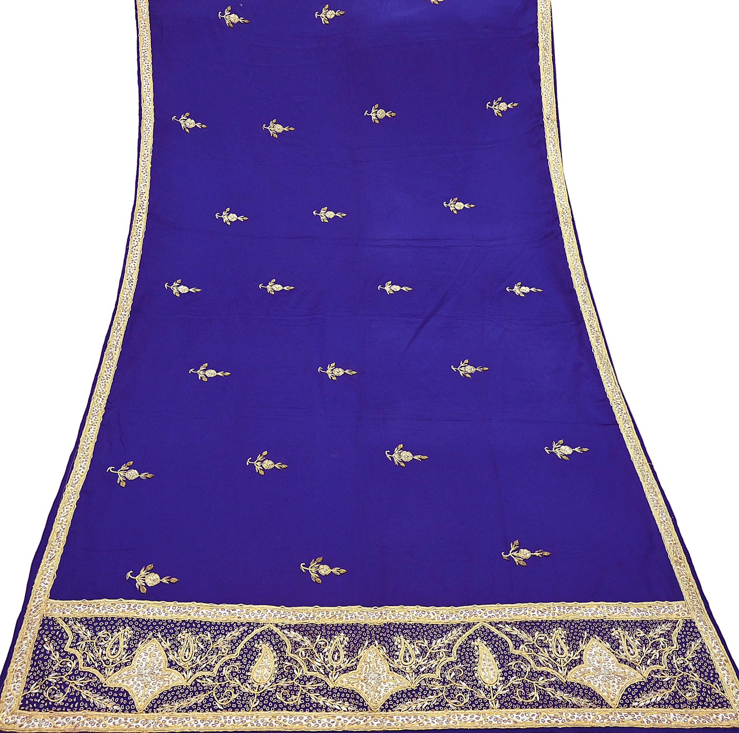 Indian Vintage Heavy Wedding Blue Dupatta Pure Satin Silk Long Stole Hand Embroidered Scarves Golden Zardozi Stole