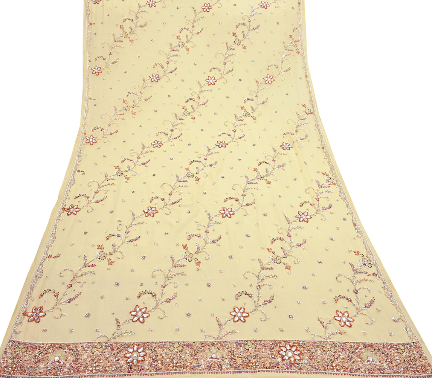 Indian Vintage Heavy yellow Bridal Dupatta Pure Georgette Silk Hand Embroidered Zardozi, Dabka, Zari Work Party Wear Long Stole