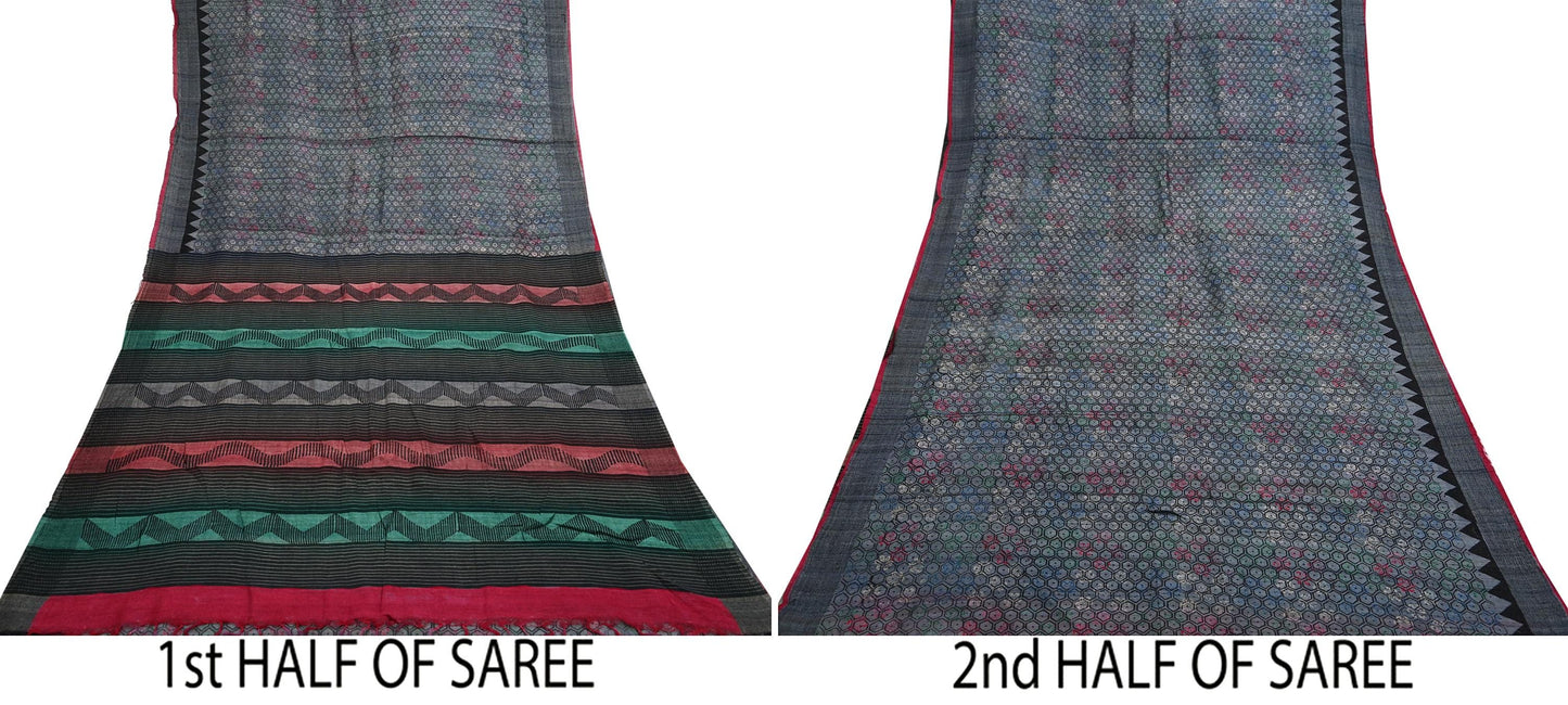 Indian Vintage Heavy Sari gray Pure Khadi Silk Handloom Saree Craft Fabric 5yd Ethnic Wear Dress making For Crafting Quilting