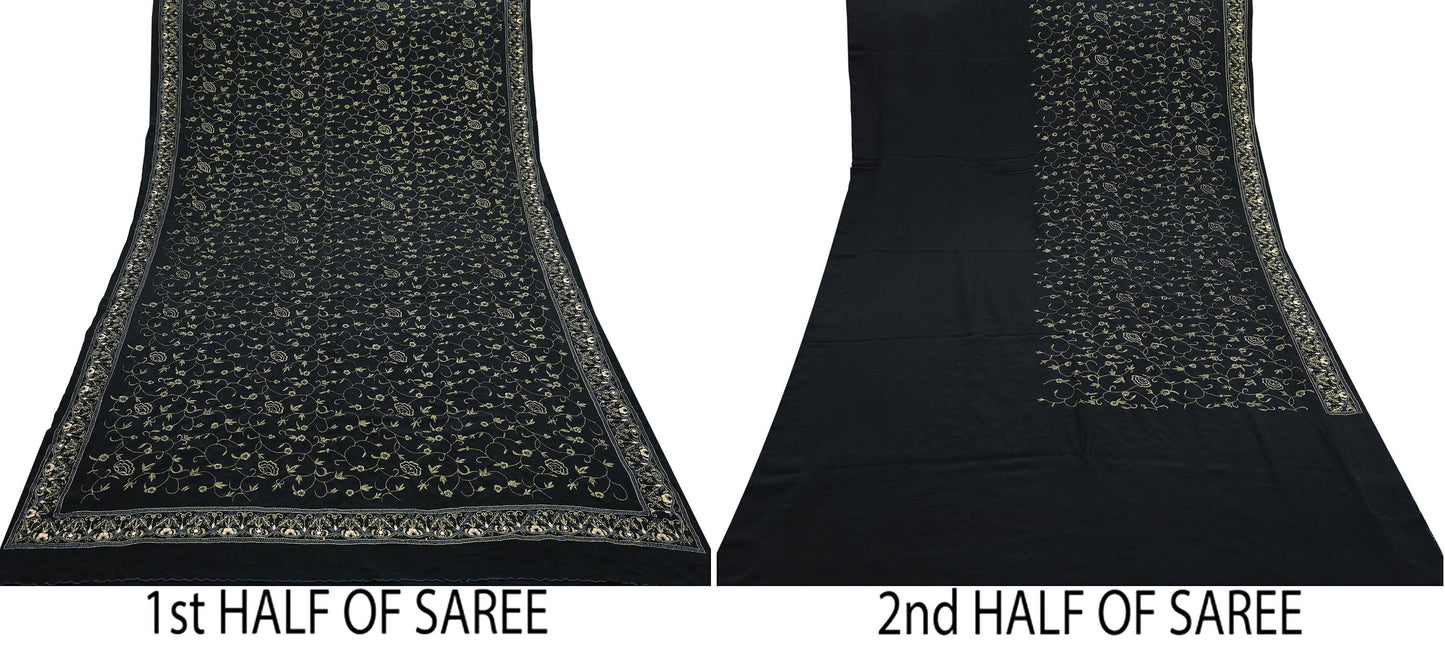 Indian Vintage Heavy Sari Black Pure Crepe Silk Hand Embroidered Sarees Craft Fabric 6Yd Sewing Zardozi Dress making Crafting Quilting
