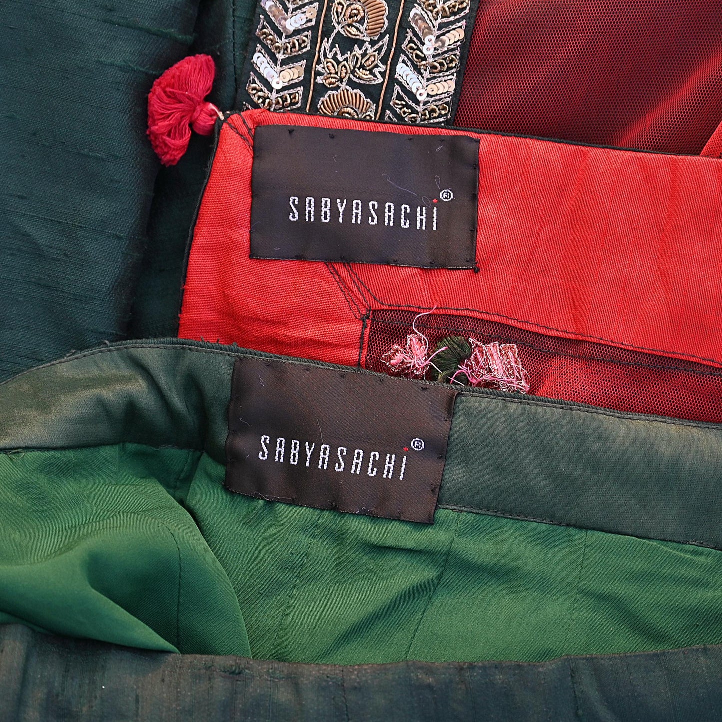 Indian Heavy Red & Bottle Green Raw Silk/Net Hand Embroidered Lehenga 2pcs Set By Designer Sabyasachi Bridal Wear