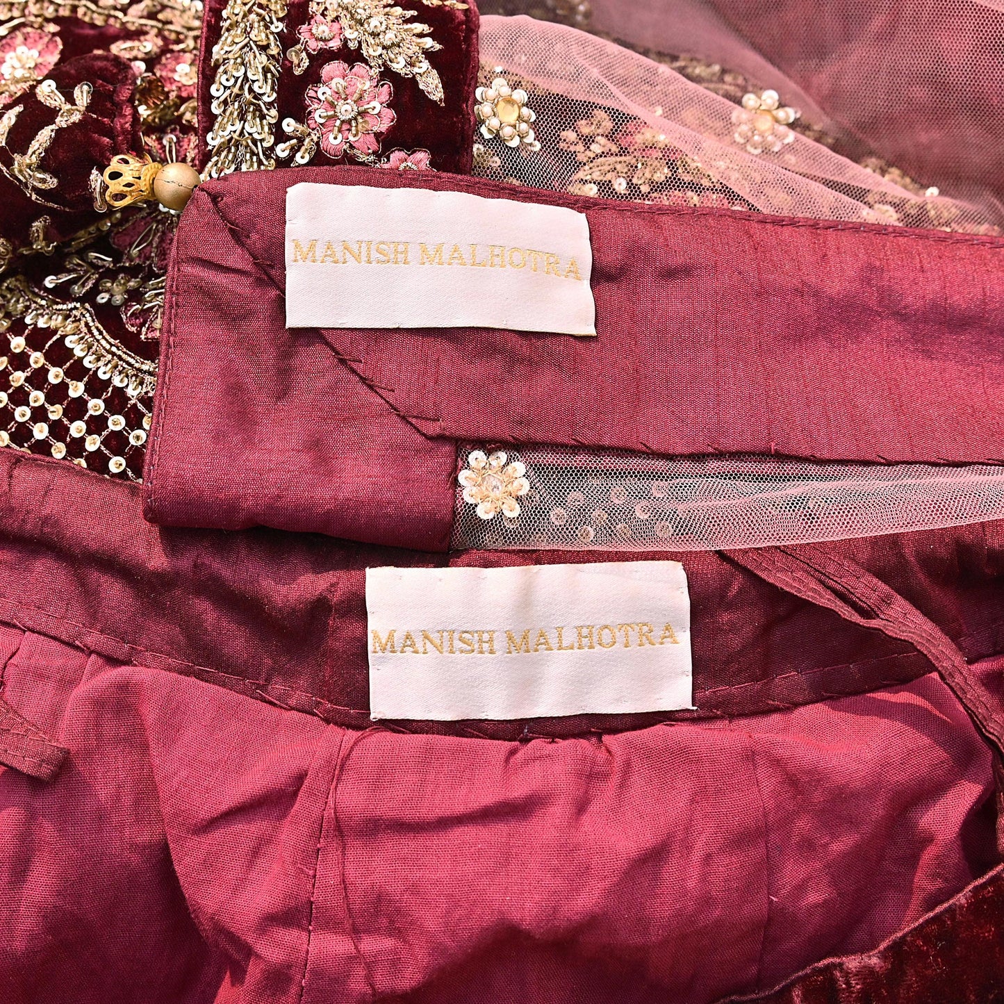 Indian Heavy Wedding maroon & pink Net/ velvet Hand Embroidered Lehenga 3pcs Set Designer By Manish Malhotra Party Wear