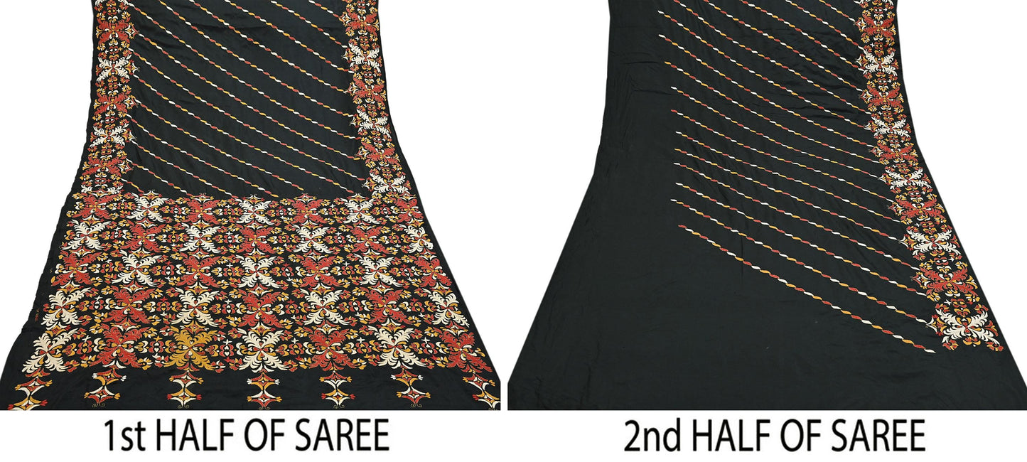 Indian Vintage Black Saree 100% Pure Silk Hand Embroidered Kantha Sari Fabric 5Yd Sewing Floral Sequin