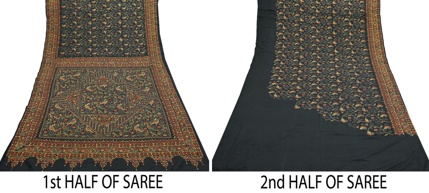Indian Vintage Black Saree 100% Pure Silk Hand Embroidered Kantha Sari Fabric 5Yd Sewing Floral Sequin