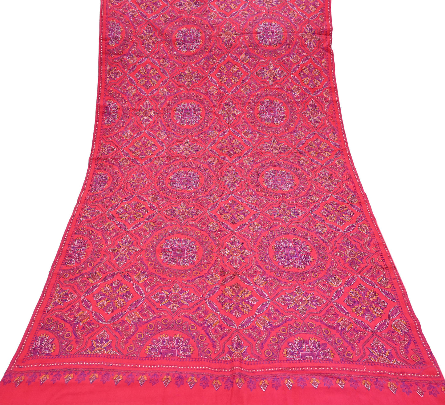 Indian Vintage Red Shawl Pure Woolen Handmade Suzani Long Throw Stole Warm Floral Design Soft Cozy