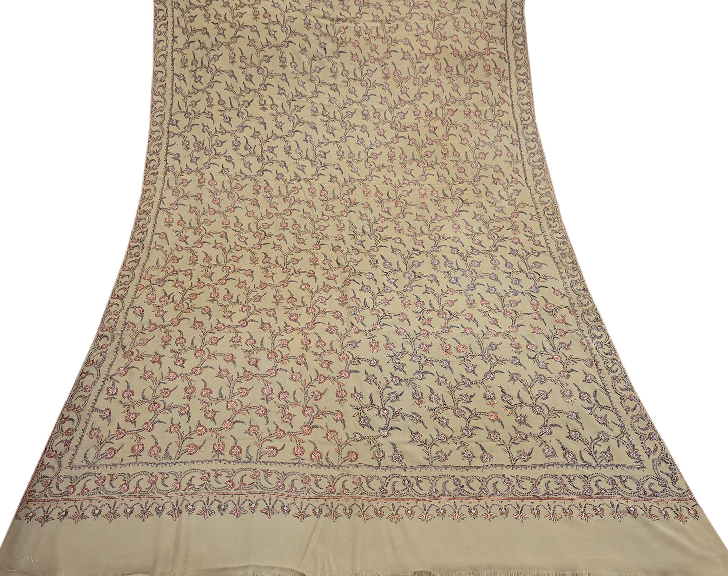 Indian Vintage Beige Shawl Pure Woolen Handmade Suzani Long Throw Stole Warm Floral Design Soft Cozy