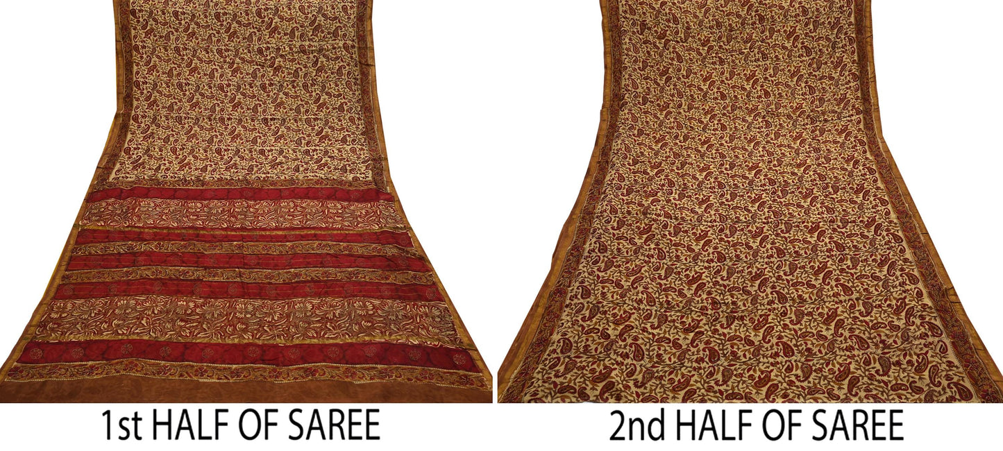 Indian Vintage Sari Beige chanderi Silk Bagru Printed Saree 5Yd Fabric Floral Soft Zari Border Ethnic Upcycle Crafting Dress making