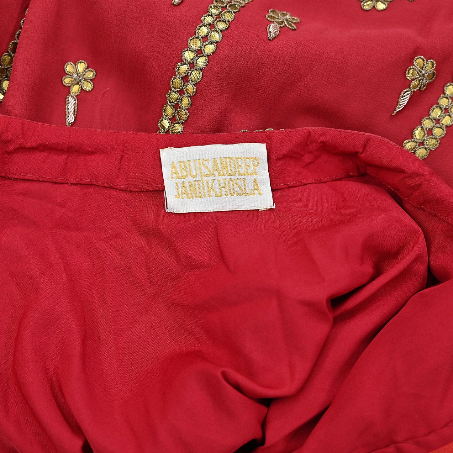 Abu Jani Red Georgette Silk Bridal Lehenga, Gota Patti Hand Embroidered Wedding Skirt, Couture Indian Festive Wear, Designer Bridal Outfit