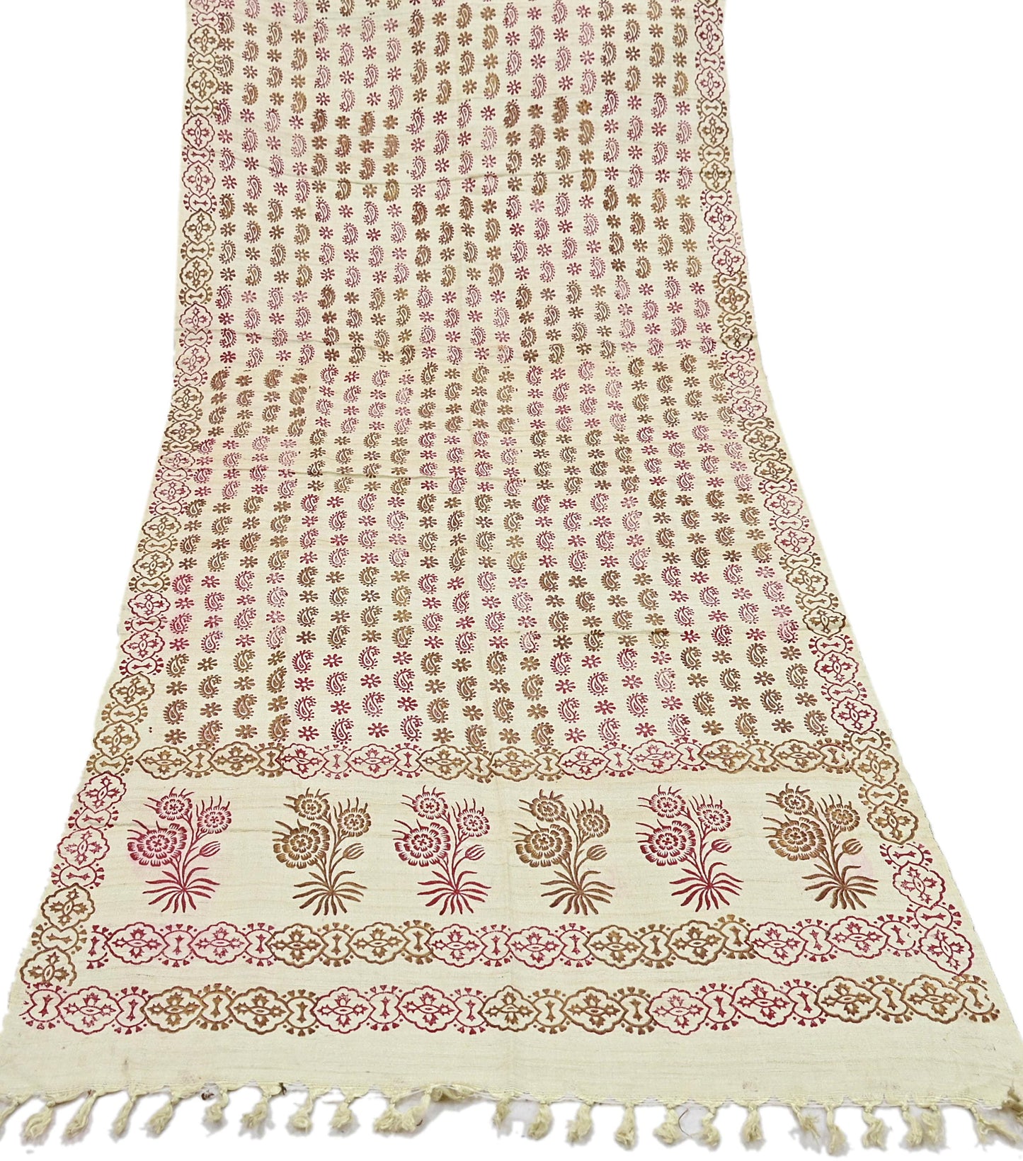 Indian Vintage Ivory Dupatta Long Stole 100% Pure Khadi Silk Hand Woven/ Painted Indian Scarves Veil Scarf Wrap Hippie Fringes