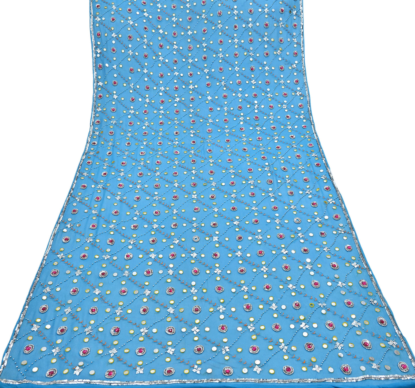 Indian Vintage Blue Dupatta Pure Georgette silk Long Stole Hand Embroidered Scarves Stole Veil Wrap Sequins