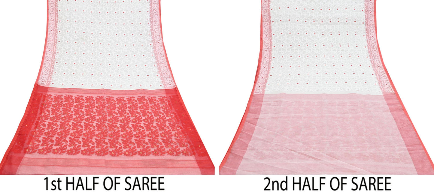 Indian Vintage Sarees Red & White Cotton Hand Woven Jamdani Sari 5yd Ethnic Floral Craft Fabric Dress making Upcycle Crafting Quilting Zari
