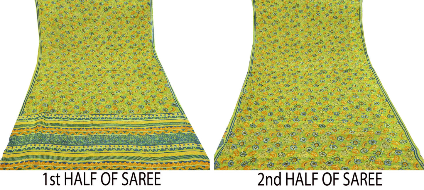 Vintage Saree Blue Pure Chiffon Silk Printed Sari Craft Fabric Sewing 5Yard Soft quilting crafting dress making