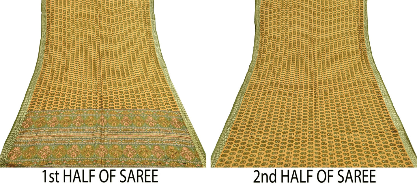 Vintage Green & mustard Pure Silk Saree Indian Printed Silk Fabric 5 Yards Boho Craft Material for Sewing, Quilting, Dressmaking, Upcycling