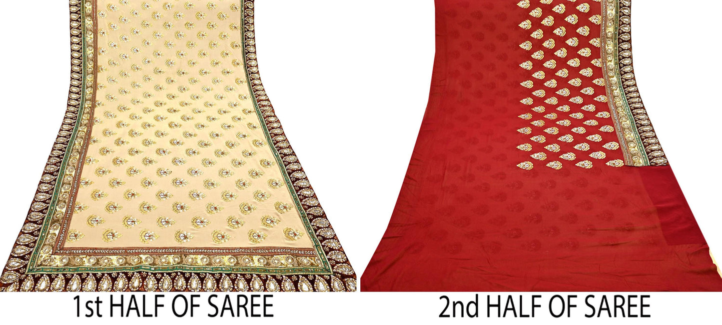 Indian Sari Red & beige Pure Georgette Silk Hand Embroidered Designer Manish Malhotra Sarees Ethnic Zardozi/Dabka Zari