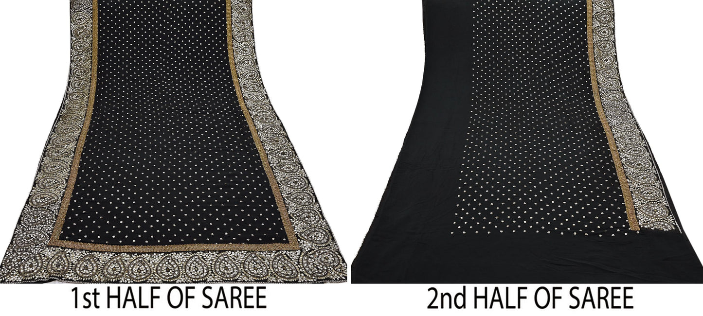 Indian Heavy Sari Black Pure Georgette Silk Hand Embroidered Sarees Designer Sabyasachi 6Yd Sewing Ethnic Bollywood party wear saree Dabka