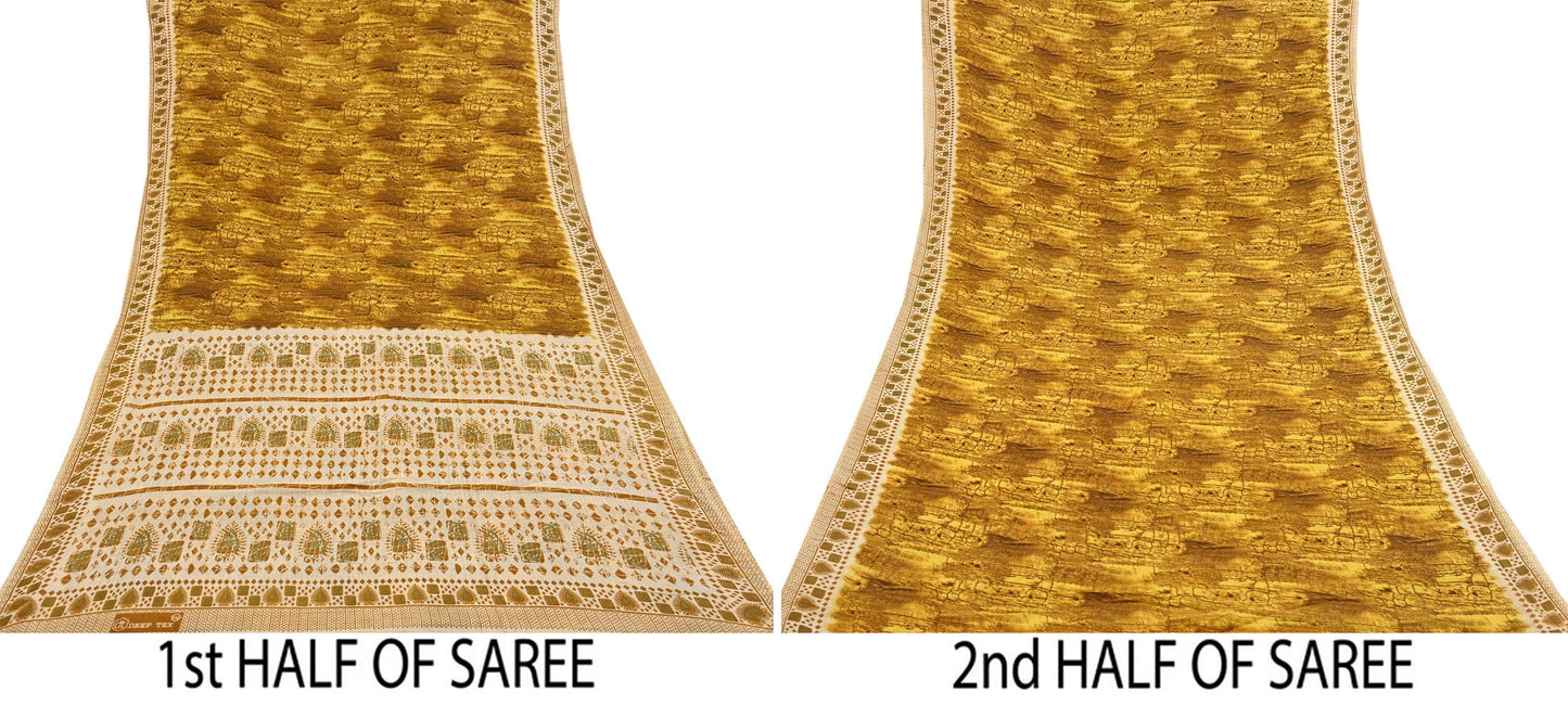 Indian Vintage Ivory & Yellow Saree Printed Pure Cotton Sari Craft Fabric 5Yd Soft Sewing Sarong Wrap Boho Floral Dress making Crafting