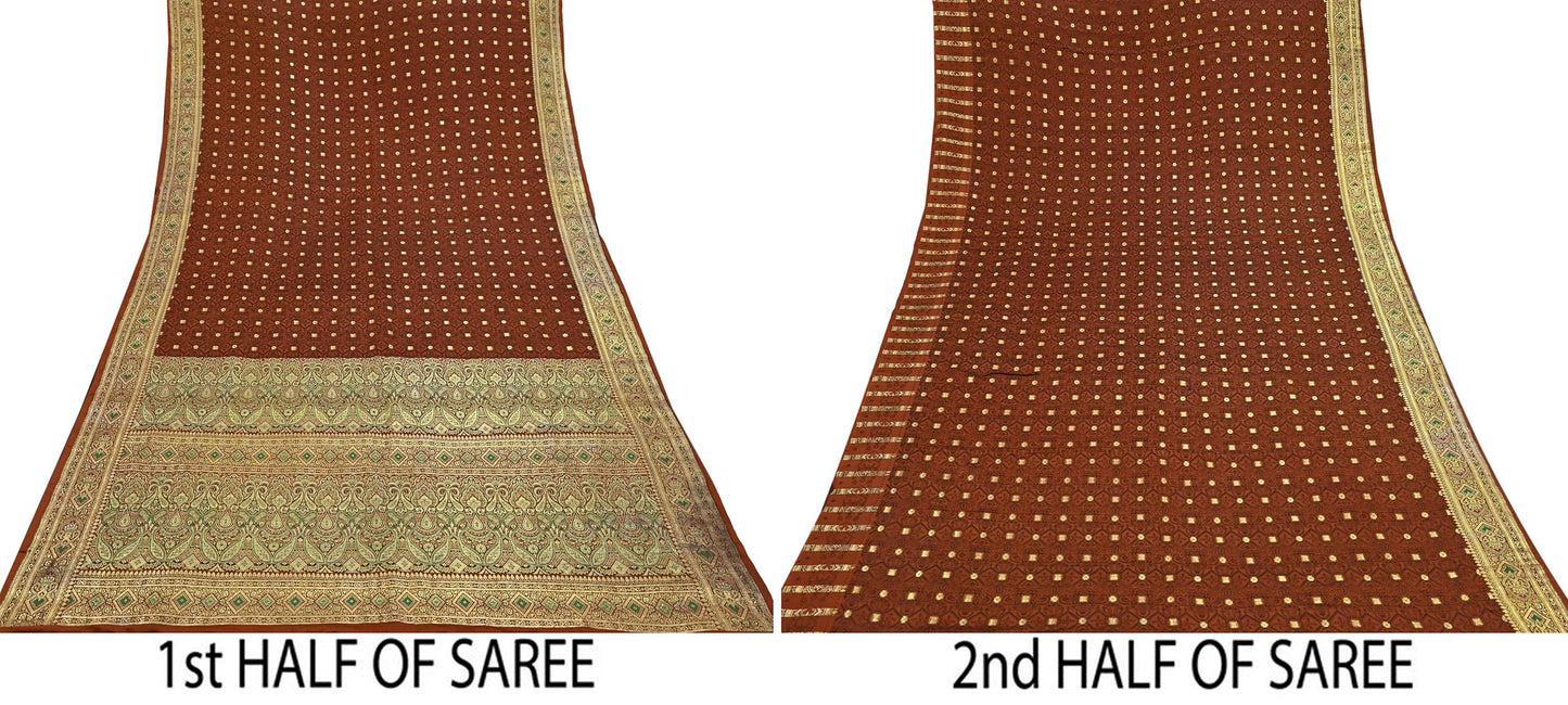 Vintage Rusty Orange Banarasi Silk Saree Pure Satin Silk Handwoven Tanchoi Fabric with Paisley Weave 5 Yard Dressmaking Craft Material