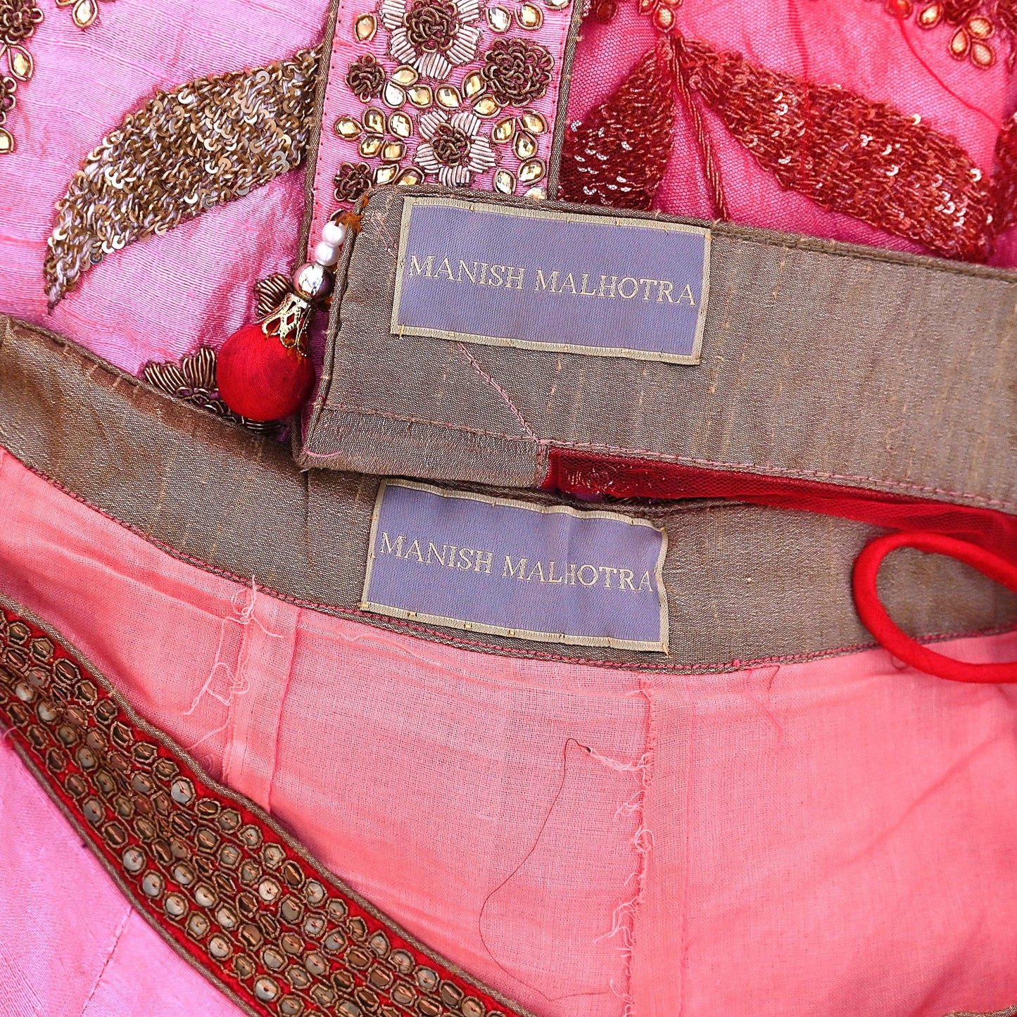 Indian Heavy Pink Red Raw Silk & Net Hand Embroidered Lehenga 3pcs Set Designer By Manish Malhotra Party Wear
