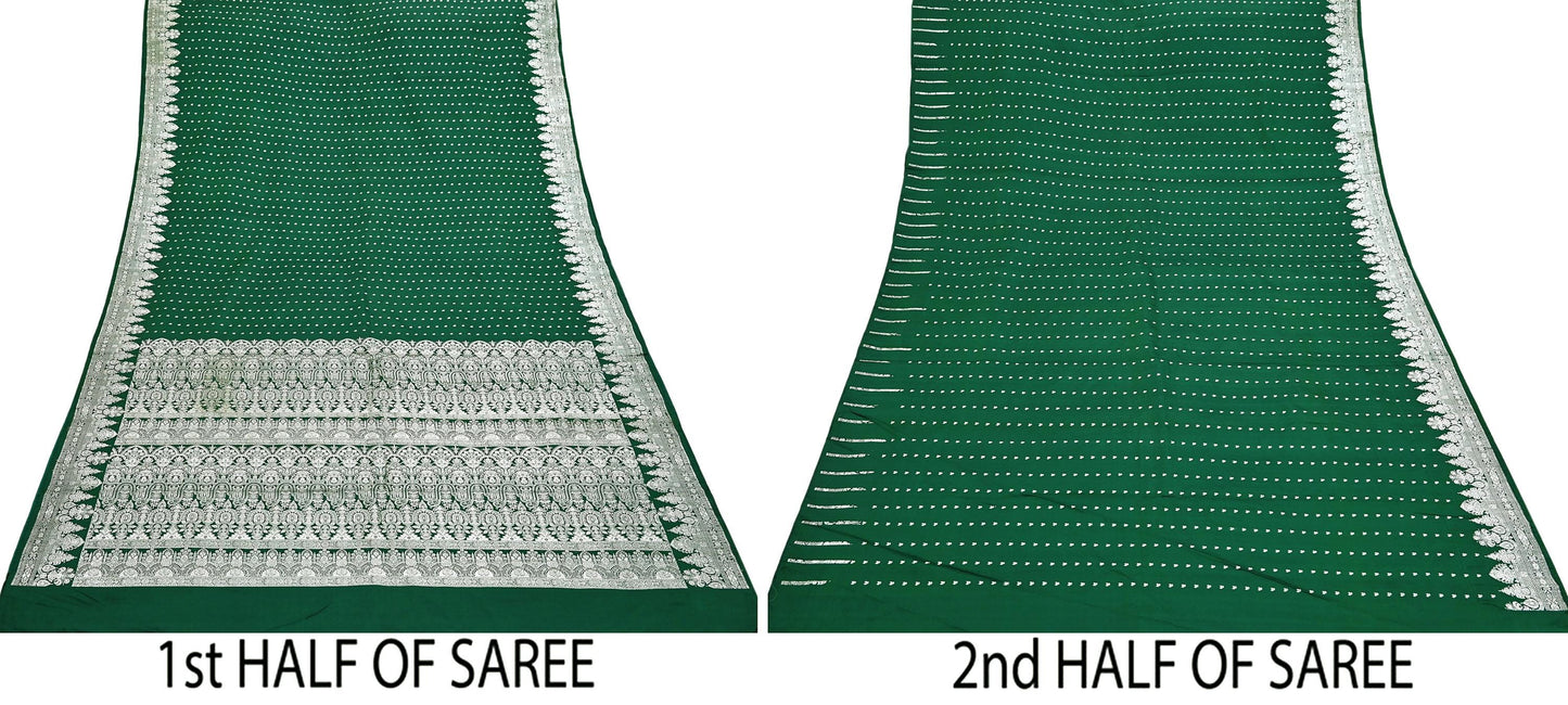 Indian Vintage Sari Bottle Green Heavy Wedding Pure Satin Silk Woven Banarasi Brocade Saree Zari 5Yd Craft Fabric Ethnic Dress making