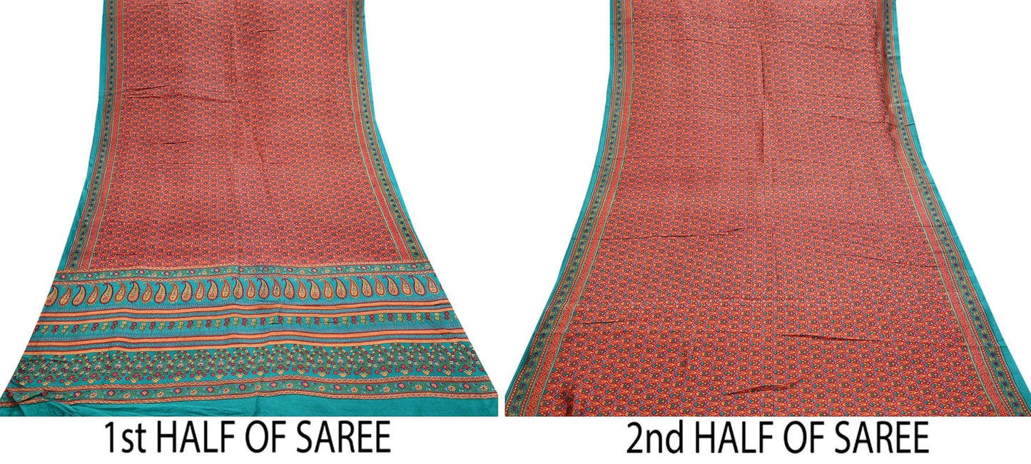 Indian Vintage Sari Green & Red 100% Pure Silk Printed Sarees 5yd Craft Fabric Sewing Soft Dress Making Floral Quilting Crafting Upcycle