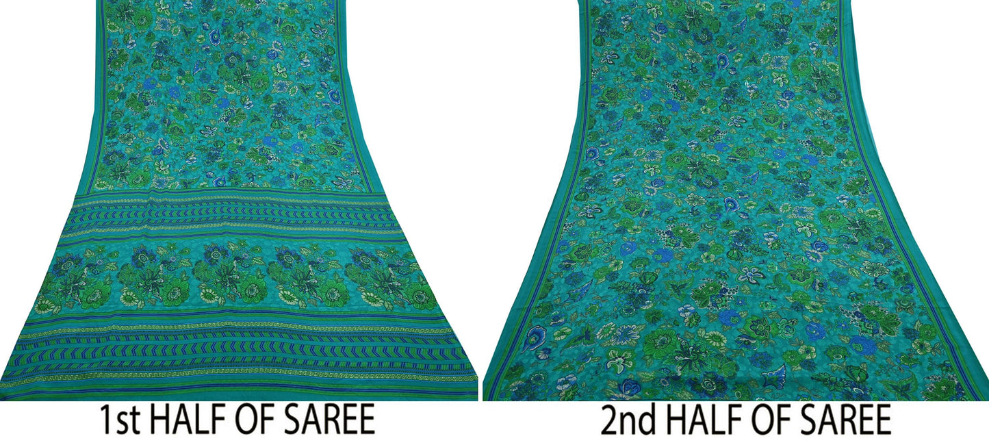 Indian Vintage Green Moss Crepe Saree Printed Floral Sari Fabric 5 Yards Soft Craft Fabric for Sewing, Dressmaking, Quilting,Upcycling