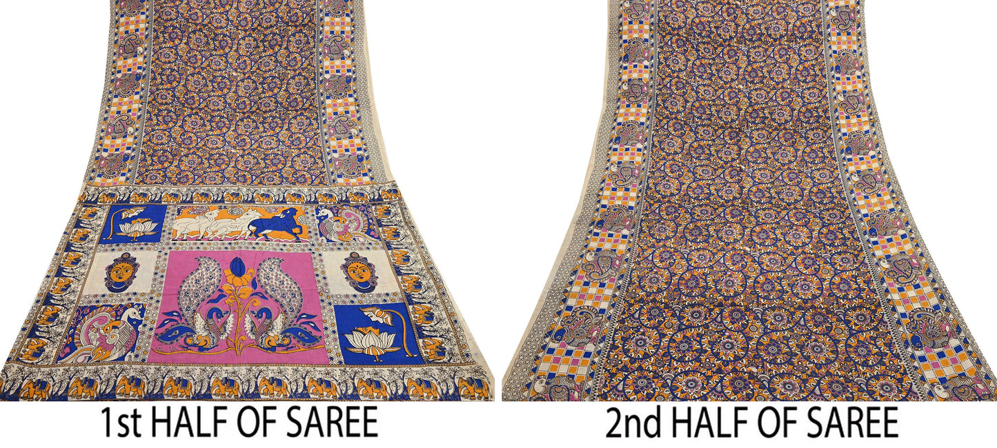 Indian Vintage Sari Kalamkari Print Sari Pure Cotton Saree Craft Fabric 5Yd Soft Dancing Lady Ethnic Dress Making