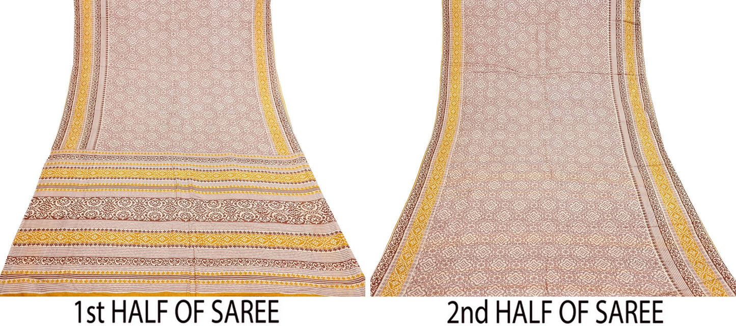 Indian Vintage Sari Ivory & Brown 100% Pure Silk Printed Sarees 5yd Craft Fabric Sewing Soft Dress Making Floral Quilting Crafting Upcycle