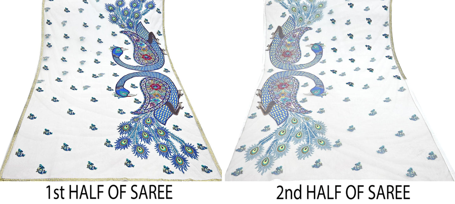 Indian Vintage Heavy Sari White Net/Mesh Embroidered Sarees Fabric 6Yd Sewing Craft Fabric Dress making Crafting Bollywood sari Blouse Pcs