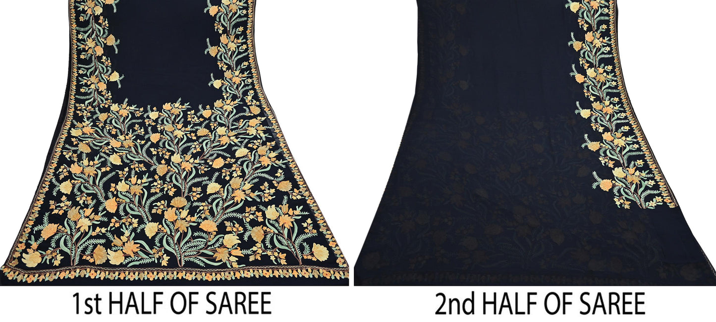 Indian Vintage Sari Black Pure Georgette Silk Hand Embroidered Ari Work Sarees Fabric 5Yd Sewing Soft Dress making Bollywood Saree