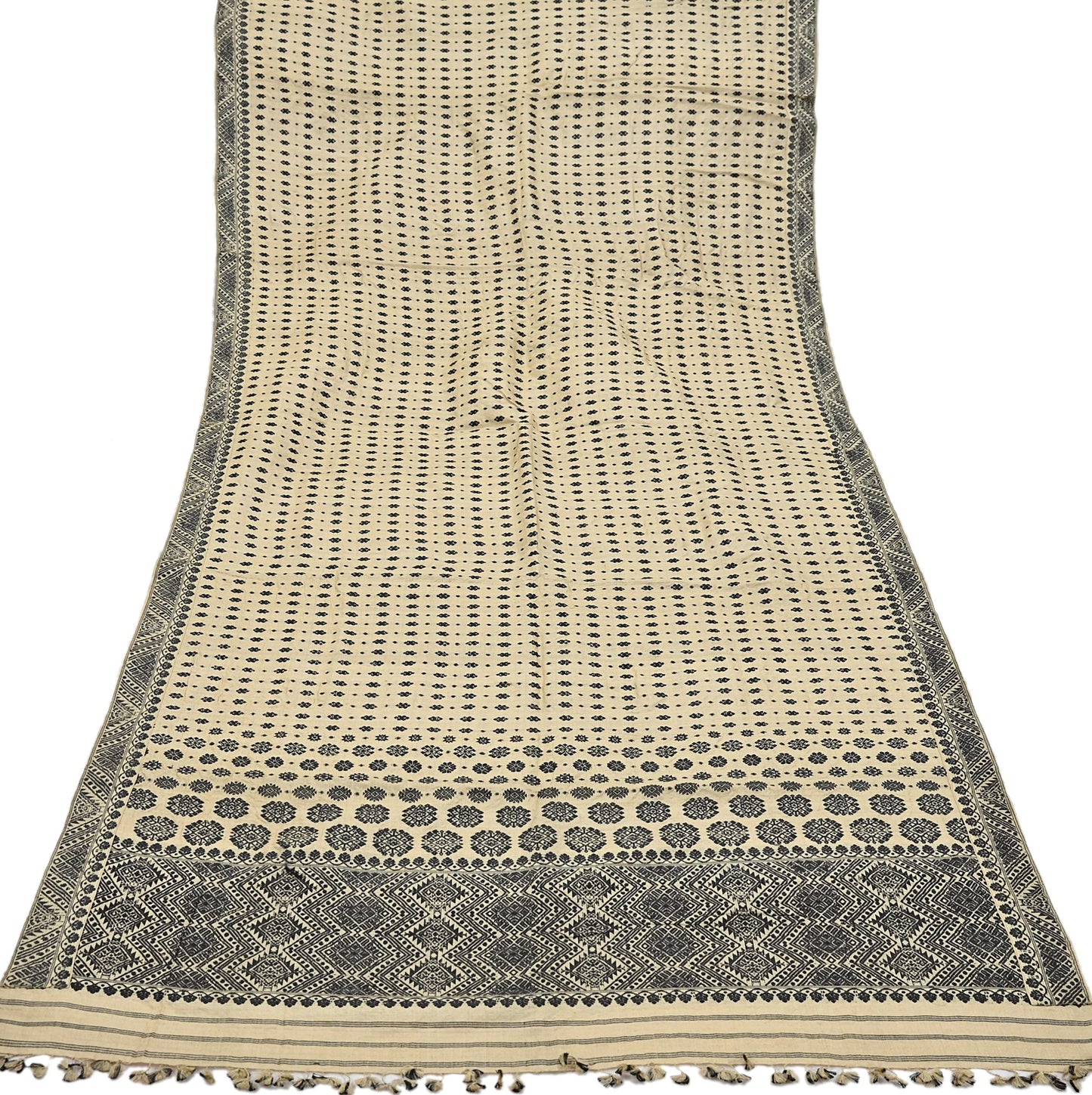 Indian Antique Vintage Heavy Beige Dupatta Pure Khadi Silk Long Stole Hand Woven Assam Scarves Veil Scarf Fringes