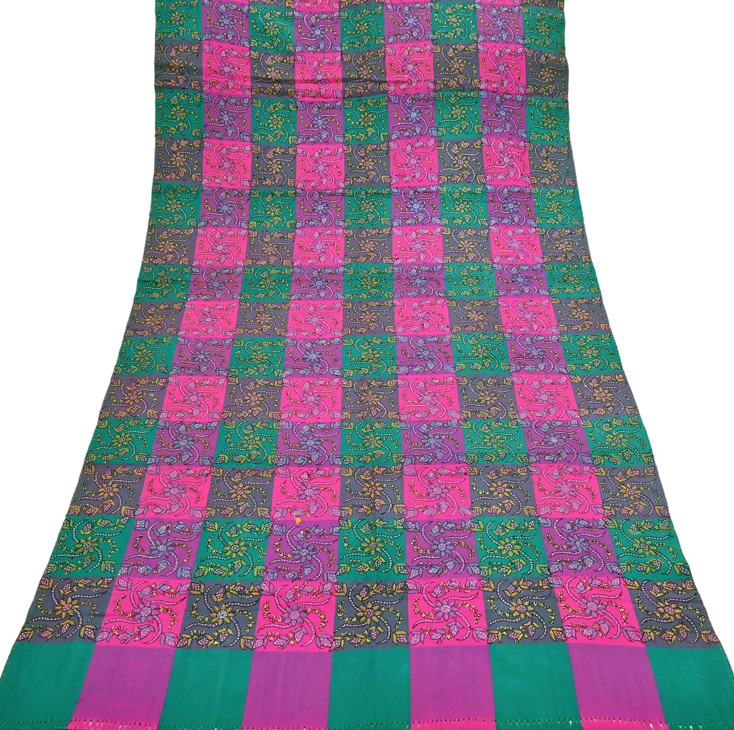 Indian Vintage Green & pink Shawl Pure Woolen Handmade Suzani Long Throw Stole Warm Floral Design Soft Cozy