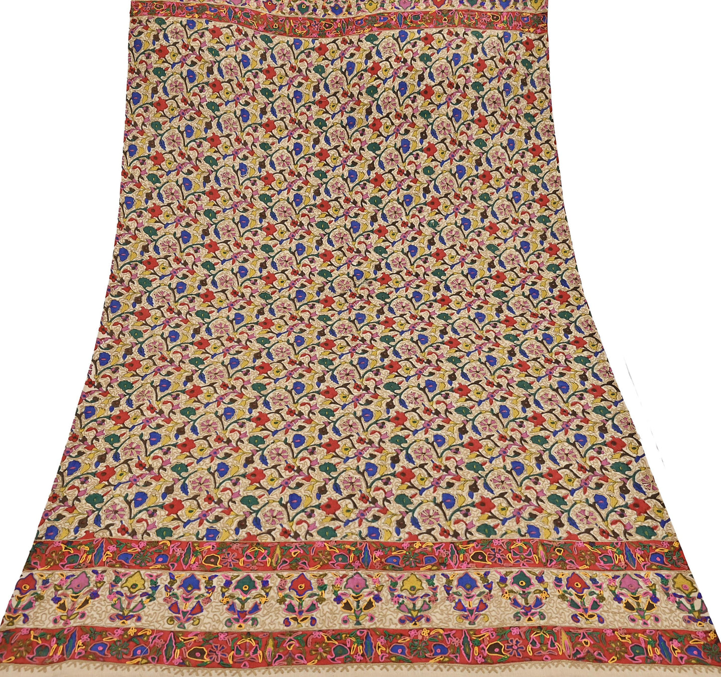 Vintage Kashmiri Aari Embroidery Shawl Beige Pure Wool Wrap Handcrafted Chain Stitch Kashida Stole Christmas Gift for Her