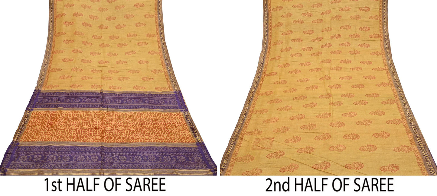 Indian Vintage Heavy Sari Mustard Pure Khadi Silk Handloom Saree Craft Fabric 5yd Ethnic Wear Dress making For Crafting Quilting
