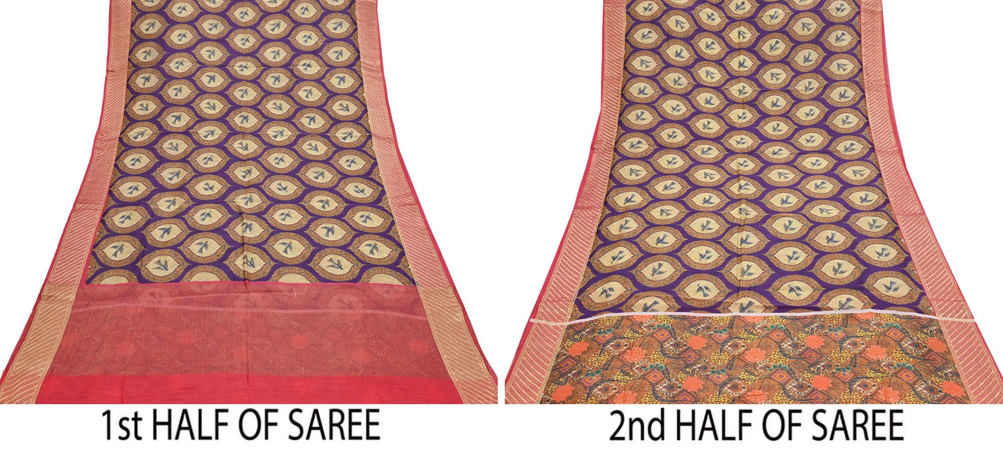 Indian Vintage Saree Purple & Red Pure Khadi Silk Handloom Digital Printed Sari Craft Fabric 5yard Ethnic Wear Sari Dress making Crafting