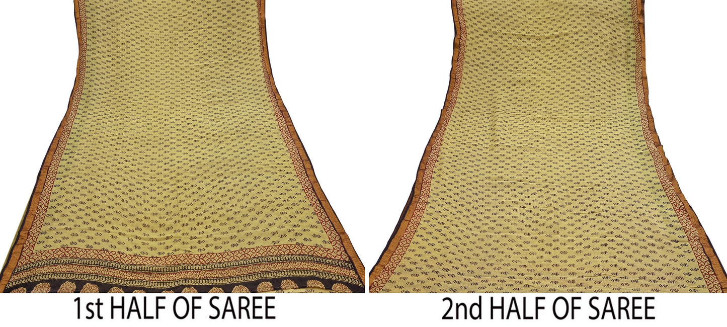 Indian Vintage Sari Green & Black chanderi Silk Bagru Printed Saree 5Yd Fabric Floral Soft Zari Border Ethnic Upcycle Crafting Dress making
