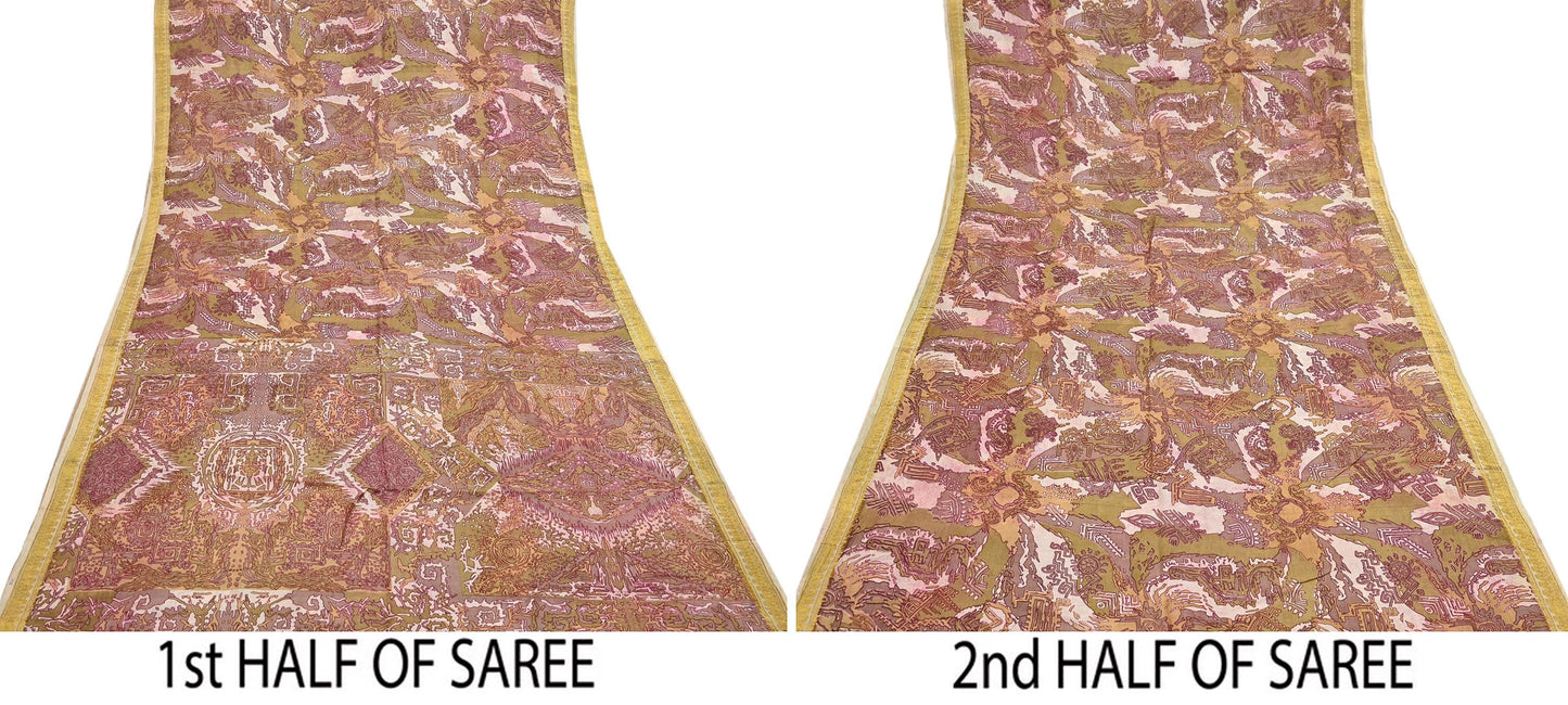 Vintage Green, Beige Pure Silk Saree Indian Printed Silk Fabric 5 Yards Boho Craft Material for Sewing, Quilting, Dressmaking, Upcycling