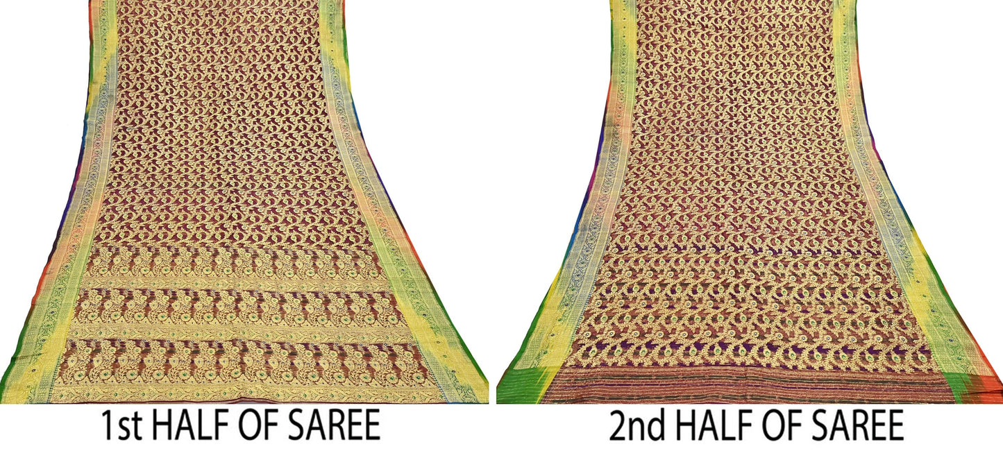 Indian Vintage Sari Heavy Maroon Pure Organza Silk Woven Brocade Banarasi Sarees Zari 5Yd Ethnic Fabric Dress Making Wedding Sarees