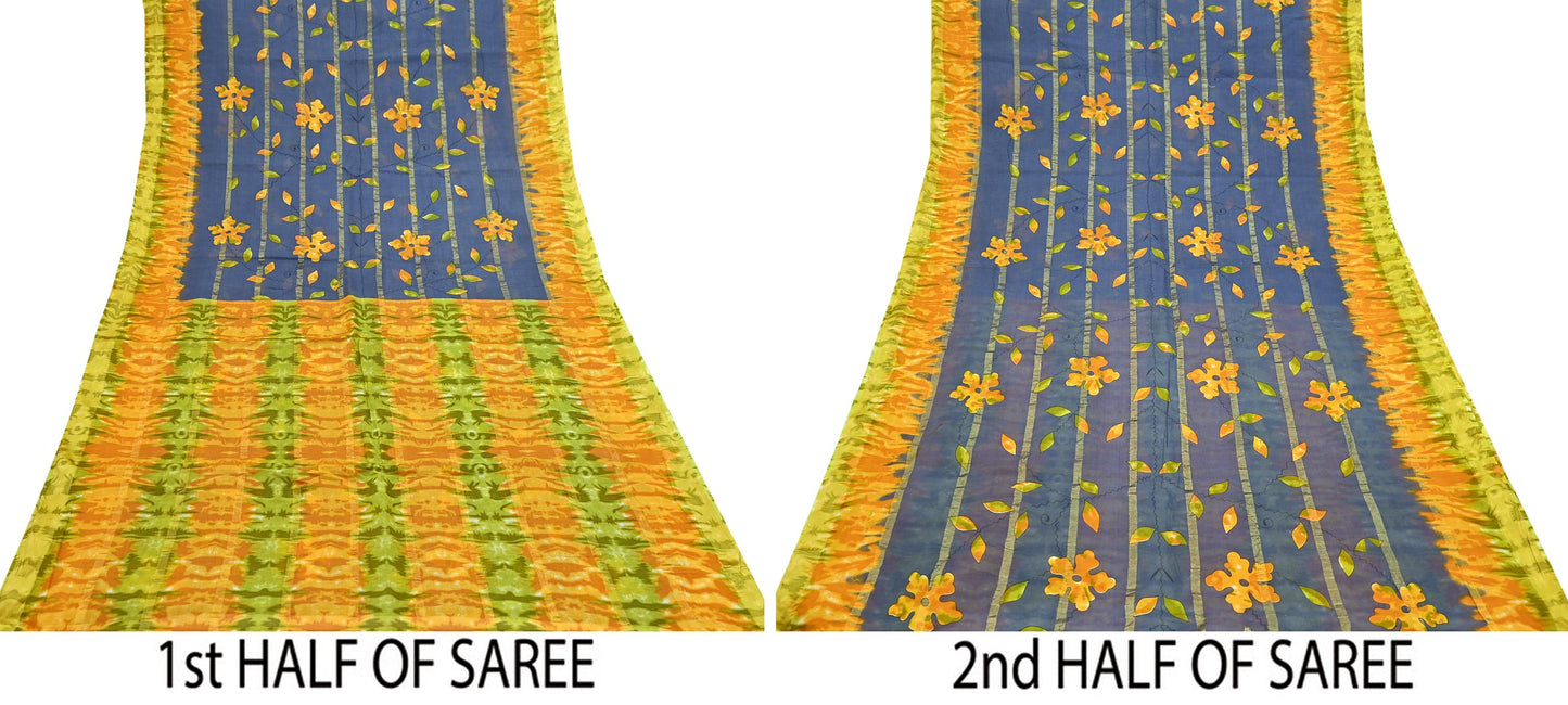 Indian Vintage Gray Saree Pure Cotton Printed Woven Sari Craft Soft Fabric 5Yd Sewing Sarong Wrap Boho Abstract Design